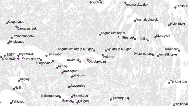 Simple grey map of Canadian geographical place names in part of Nunavut