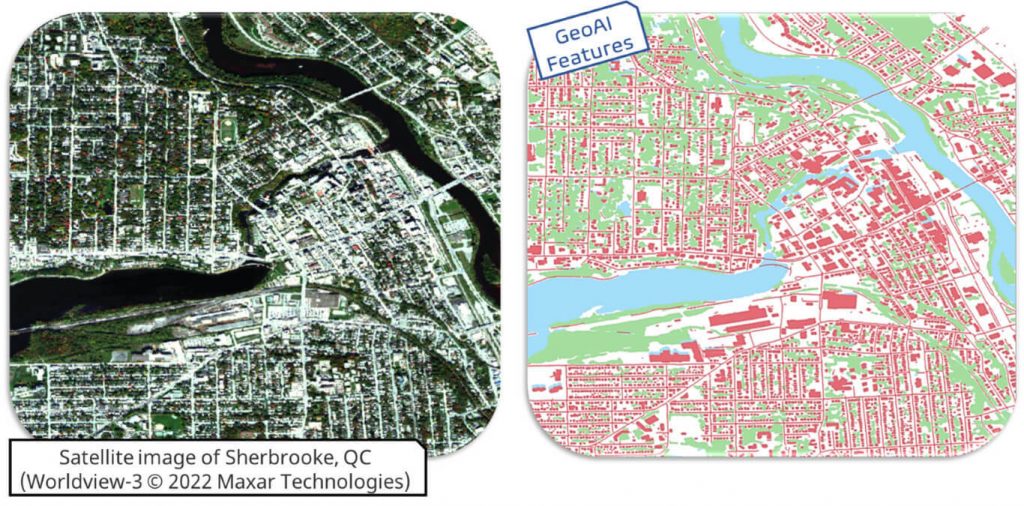 comparison of the satellite image with a map showing the extracted features, including roads, building, and waterbodies.