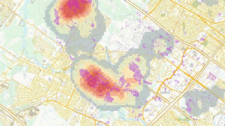 Map of a change detection analysis in Québec City