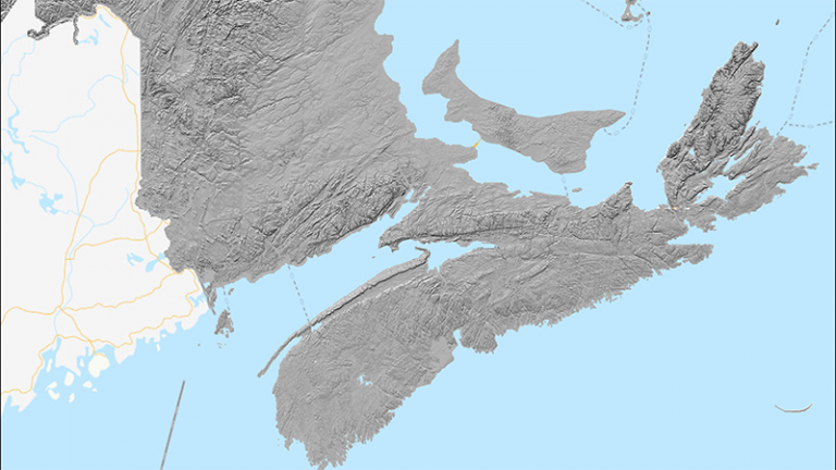 Map of the elevation of parts of eastern Canada with land shown in grayscale relief and water bodies in light blue