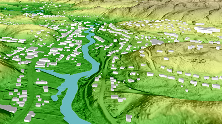 Carte topographique tridimensionnelle montrant une vallée fluviale avec des collines, des montagnes et des bâtiments