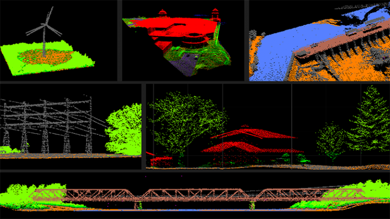 Image composite affichant plusieurs modèles de nuages de points lidar colorés